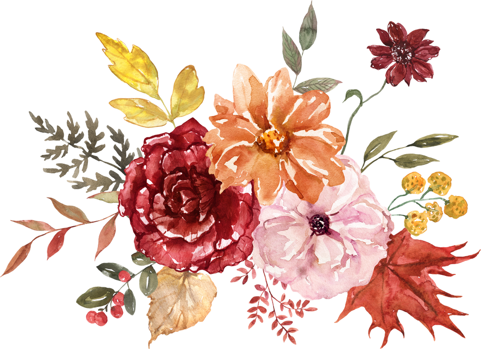 Watercolor fall foliage bouquet with painted flowers